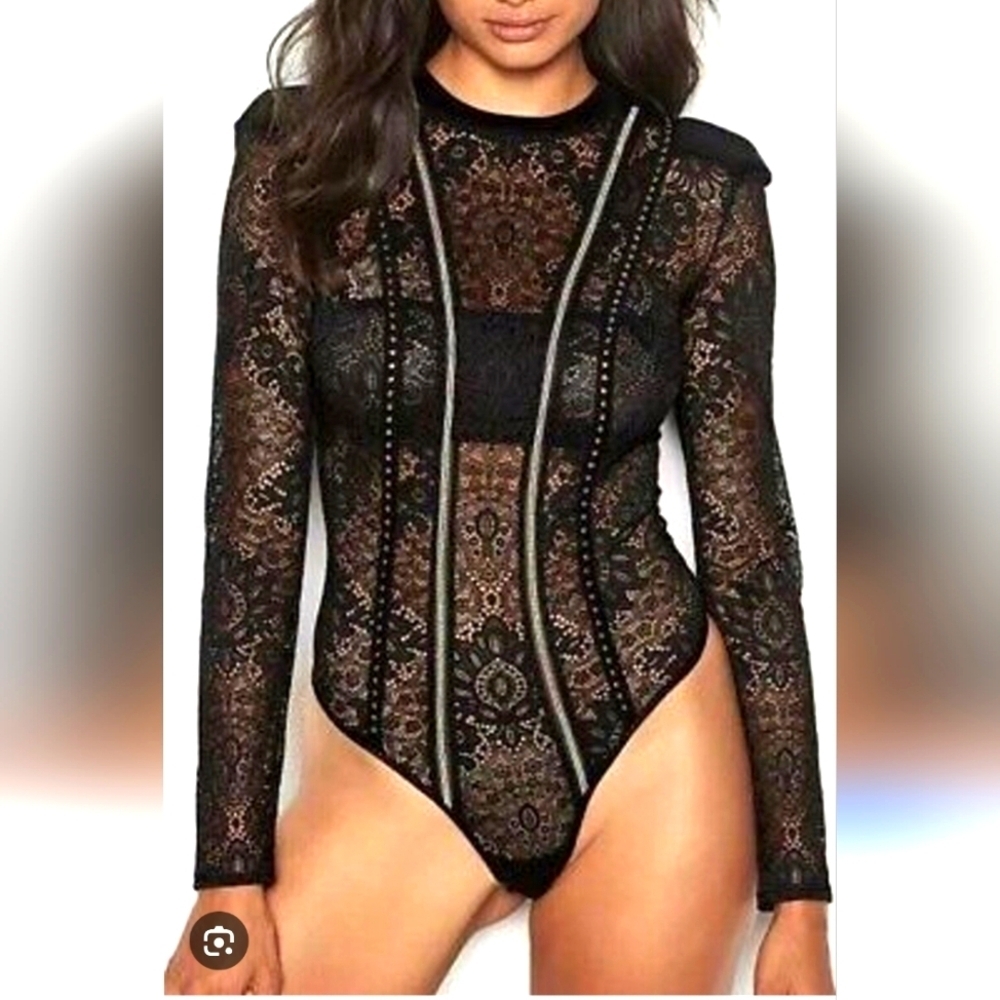 Victoria's Secret Black Graphic Embellished Lace Bodysuit..SIZE:M